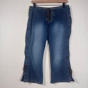 HI JEANS Women Lace Up Denim Capri Pant Blue sz 13/14 Festival Boho Y2K Cowgirl